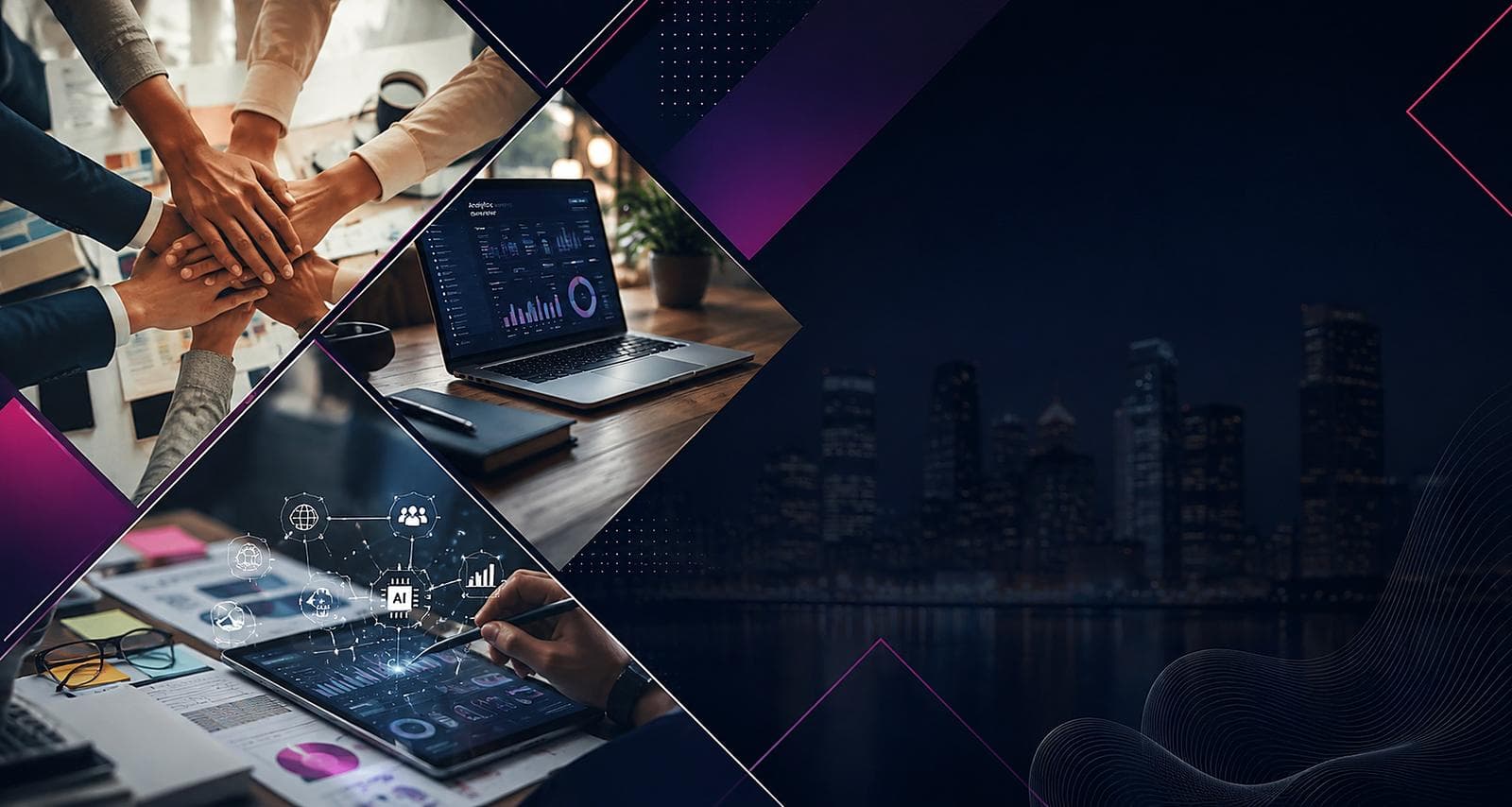 A faceted collage of a team's hands together, an analytics dashboard, and an AI-assisted tablet workflow, with a city skyline