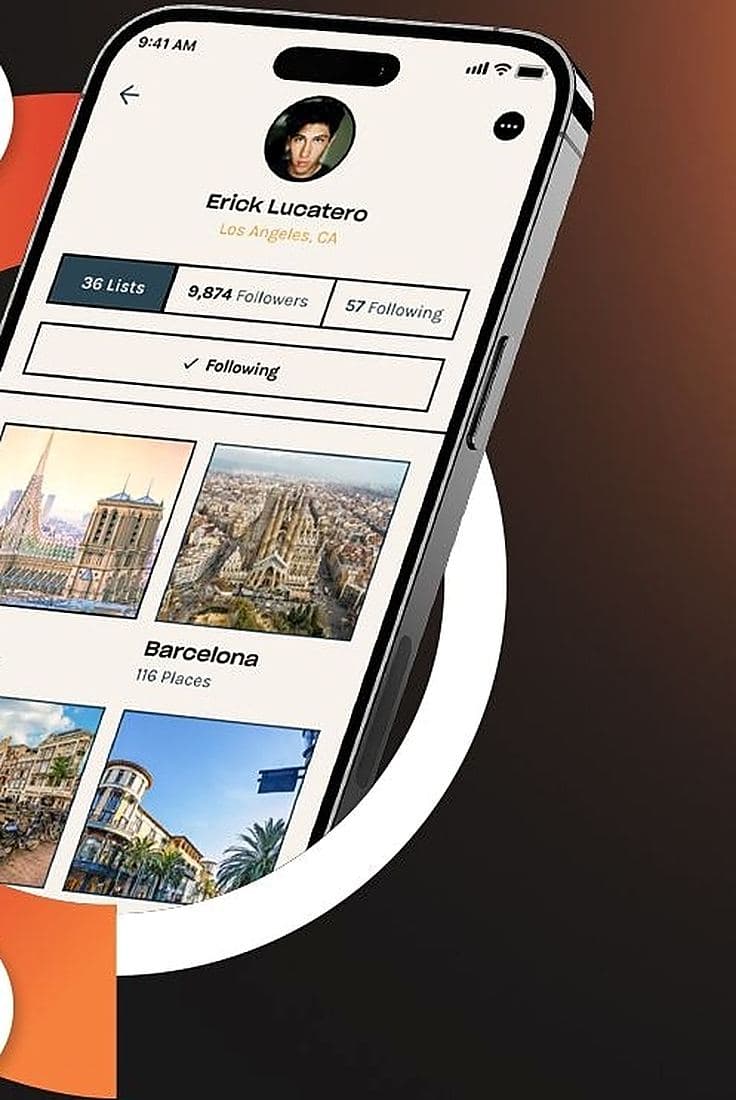 A tilted smartphone mockup showing a polished travel app profile screen